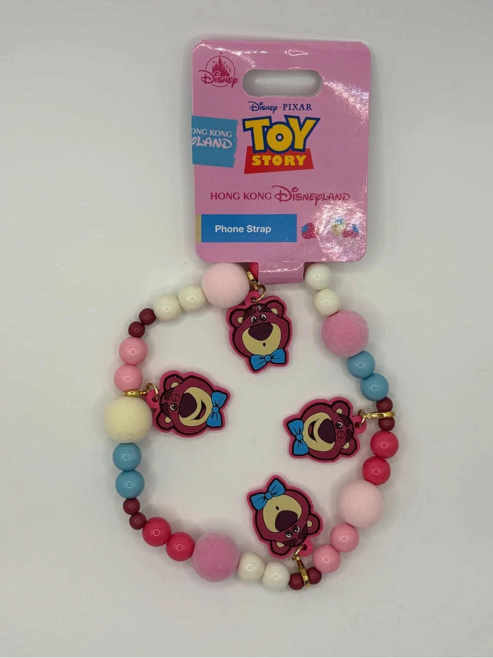 HK Disneyland Toy Story Pink Lotso Bear Phone Strap - Pink/Blue Beaded Charm